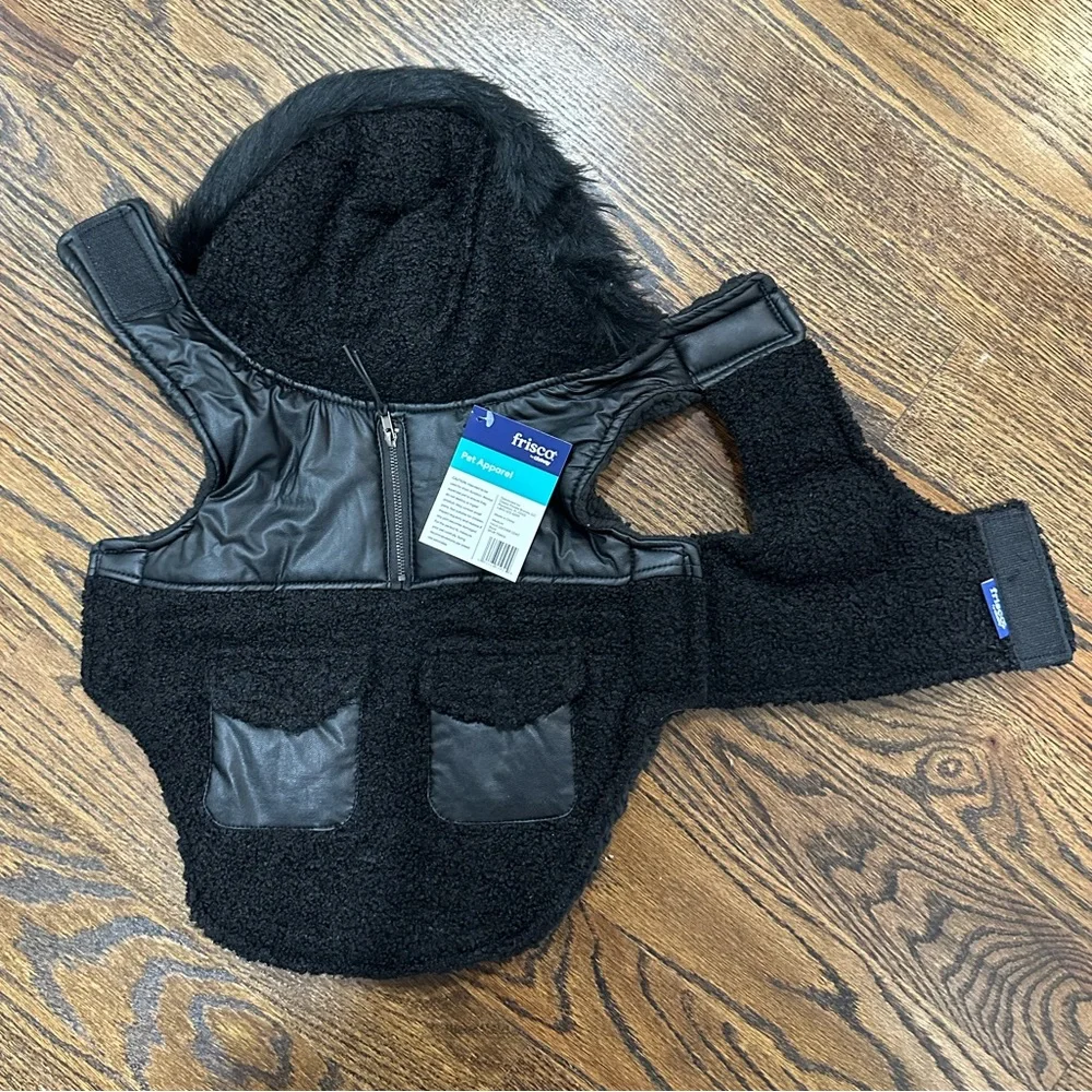 BNWT Frisco Medium Weight Faux Leather Dog Parka with Faux Fur Trimmed Hood